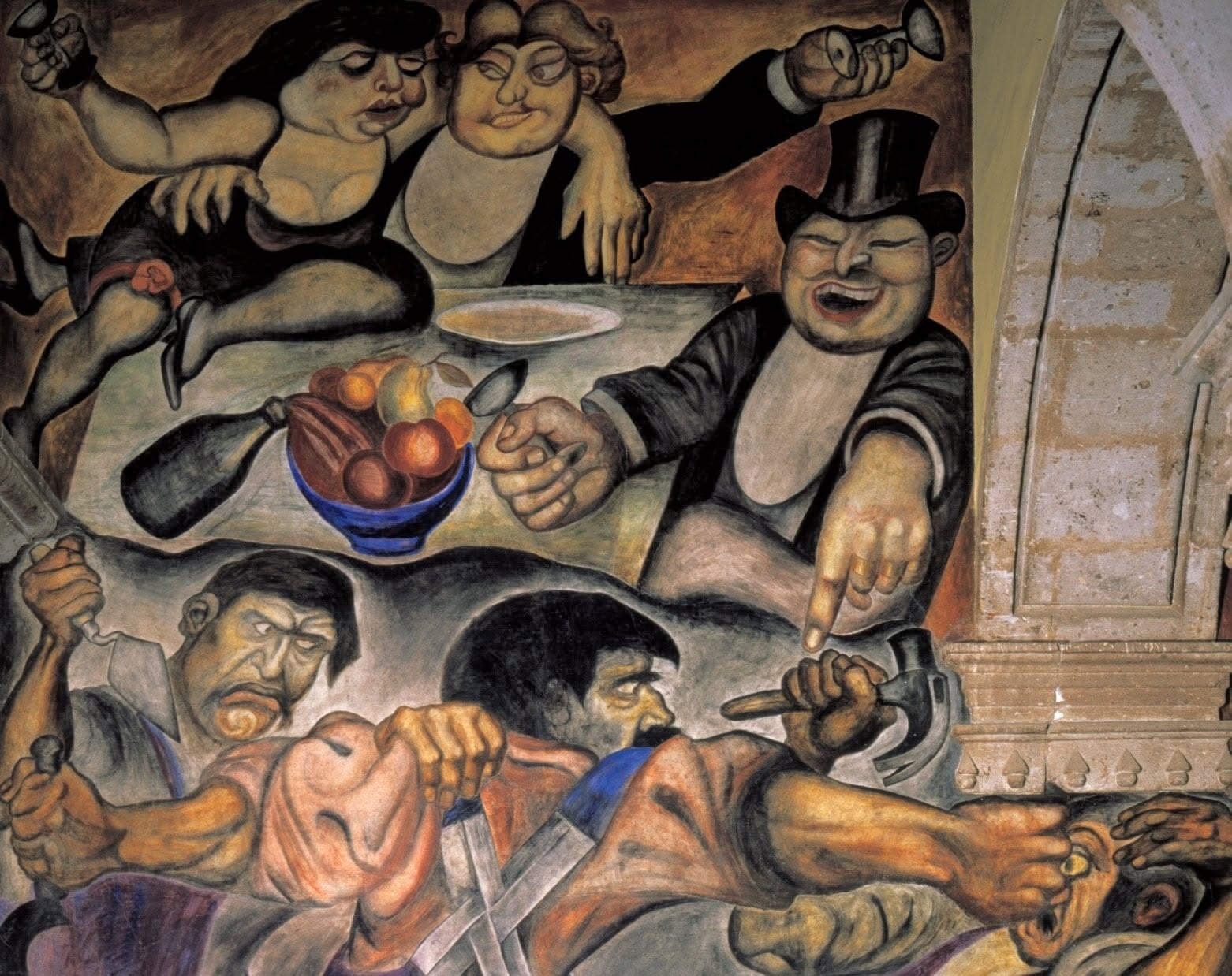 Orozco mural showing the wealthy dining while the workers fight among themselves