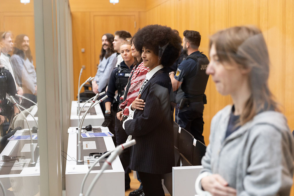 The "Ulm Five" pro-Palestine activists attend their trial in Stuttgart on April 27, 2026. 