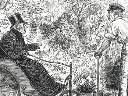 A 19th-century cartoon depicts an old gentleman speaking with his gardener.