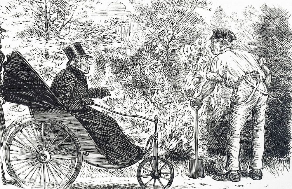 A 19th-century cartoon depicts an old gentleman speaking with his gardener.