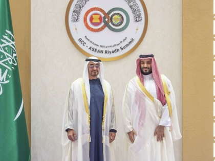United Arab Emirates President Sheikh Mohamed bin Zayed Al Nahyan (L) is being welcomed by Saudi Arabian Crown Prince Mohammed bin Salman Al Saud (R) within the Gulf Cooperation Council (GCC) and the Association of Southeast Asian Nations (ASEAN) Summit in Riyadh, Saudi Arabia, on October 20, 2023.