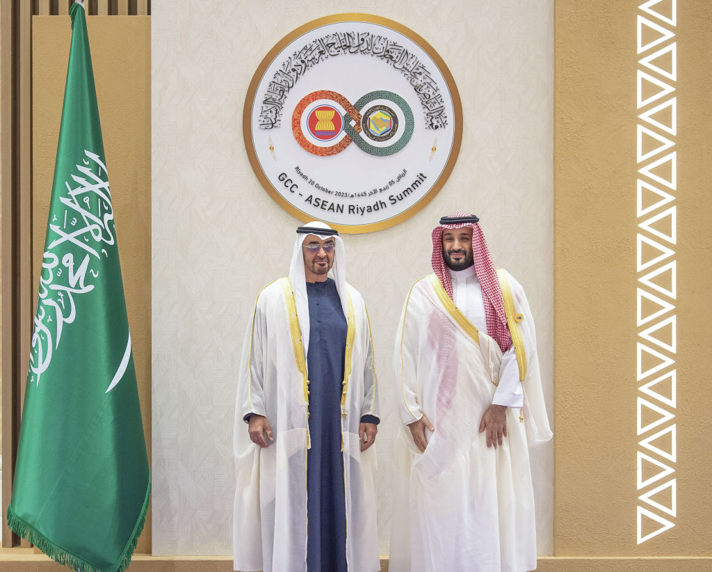 United Arab Emirates President Sheikh Mohamed bin Zayed Al Nahyan (L) is being welcomed by Saudi Arabian Crown Prince Mohammed bin Salman Al Saud (R) within the Gulf Cooperation Council (GCC) and the Association of Southeast Asian Nations (ASEAN) Summit in Riyadh, Saudi Arabia, on October 20, 2023.