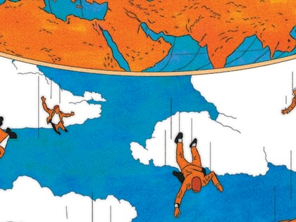 An illustration of men dressed in colonial-America-style garb falling through the sky from an upside-down globe.