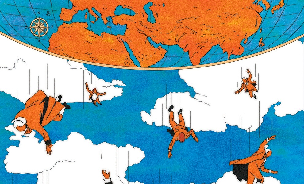 An illustration of men dressed in colonial-America-style garb falling through the sky from an upside-down globe.