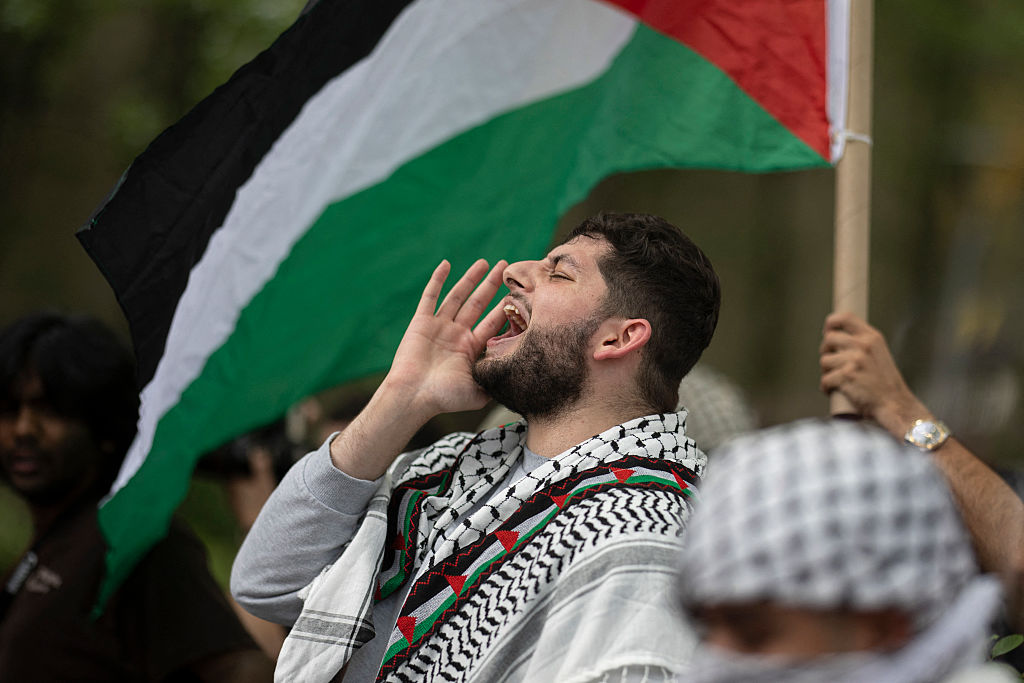 Demonstrators take part in a pro-Palestinian march near United Nations headquarters on September 23, 2025. 