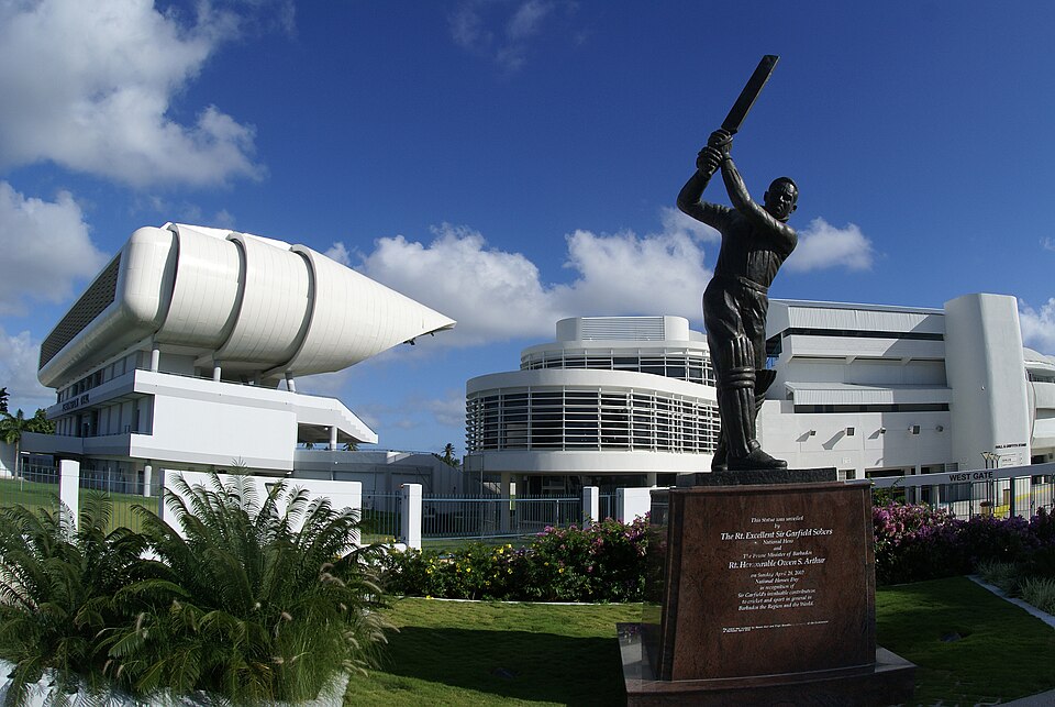 A fisheye shot of the statue of Garfield Sobers at Kensington Oval Cricket Ground in Barbados.