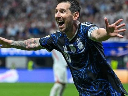 Lionel Messi of Argentina celebrates the team's second goal during their World Cup semifinal match against England on July 15, 2026.