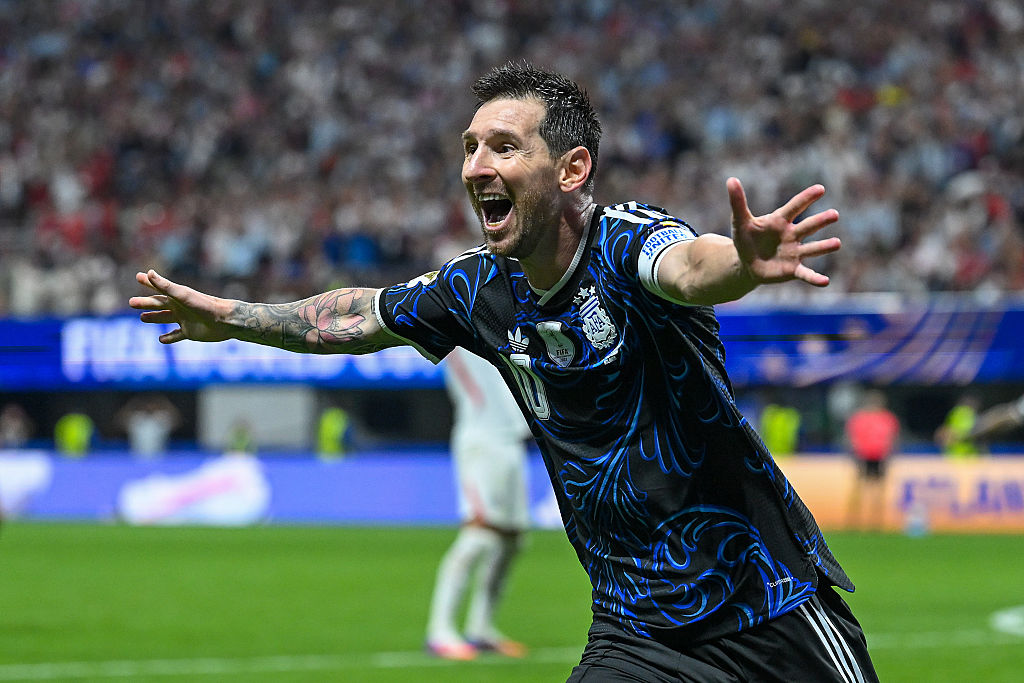 Lionel Messi of Argentina celebrates the team's second goal during their World Cup semifinal match against England on July 15, 2026.