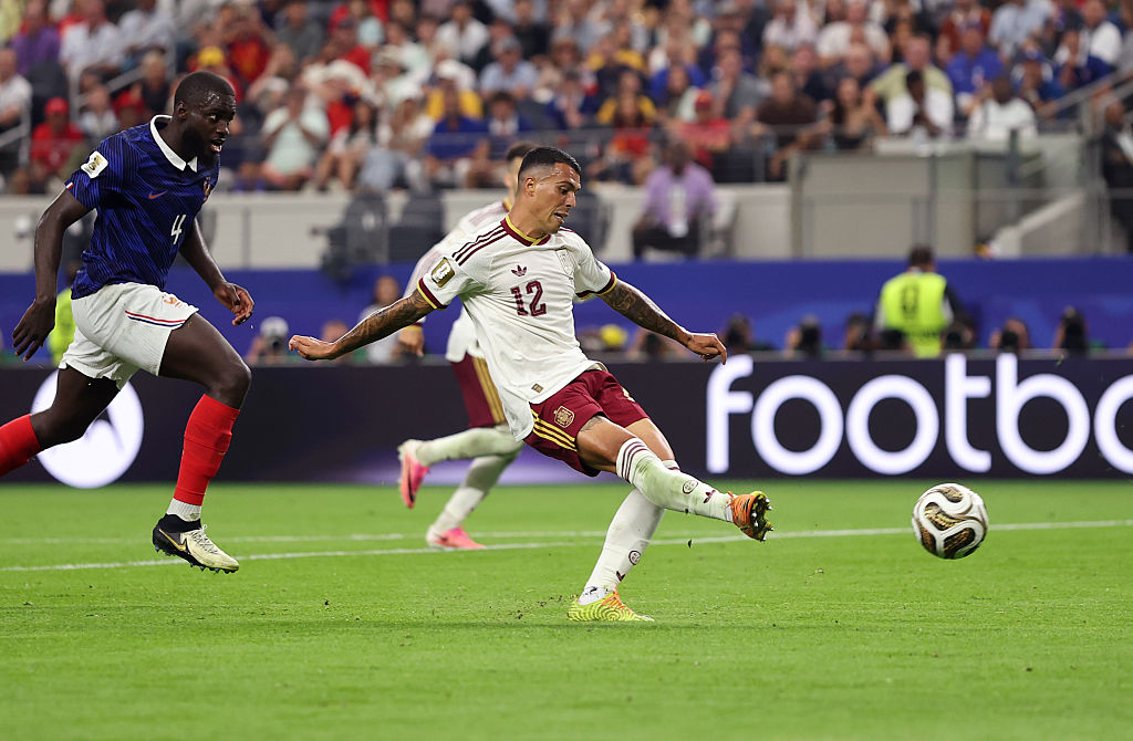 Pedro Porro of Spain scores his team's second goal during their World Cup 2026 semifinal match against France on July 14, 2026.