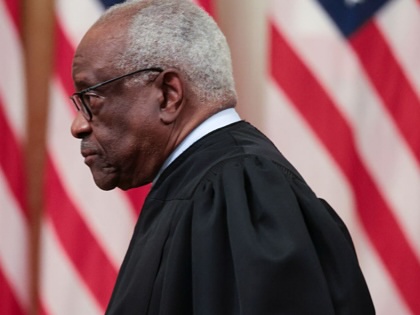 Justice Clarence Thomas arrives to the swearing-in ceremony for Chairman of the Federal Reserve, Kevin Warsh, on May 22, 2026, in Washington, DC.