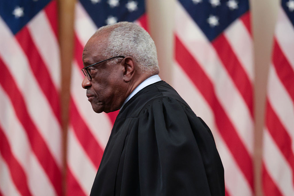Justice Clarence Thomas arrives to the swearing-in ceremony for Chairman of the Federal Reserve, Kevin Warsh, on May 22, 2026, in Washington, DC.