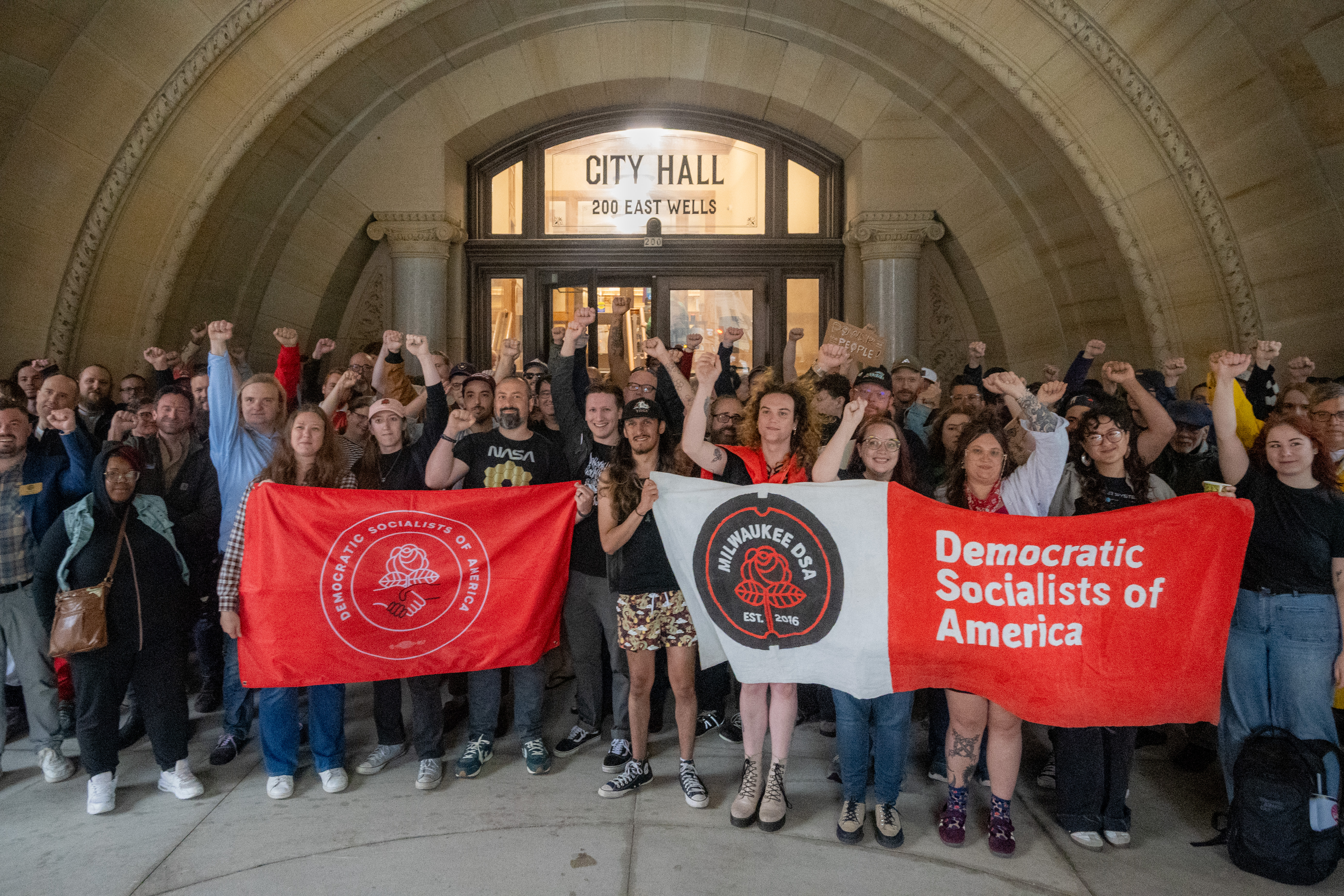 DSA Milwaukee members in front of city hall.