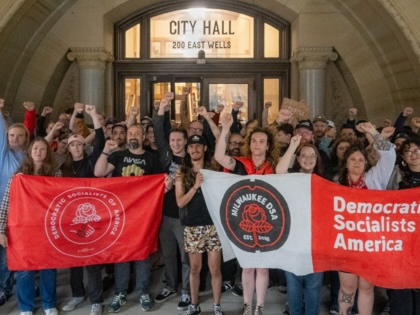 DSA Milwaukee members in front of city hall.