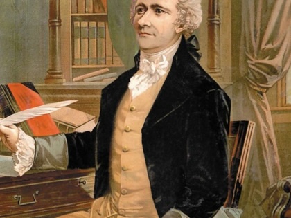In this painting, Alexander Hamilton sits at a desk, writing.