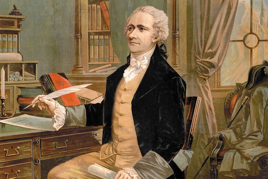 In this painting, Alexander Hamilton sits at a desk, writing. 