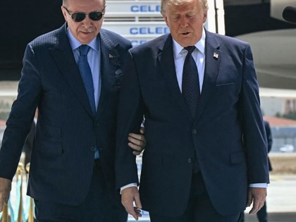 Recep Tayyip Erdogan welcomes Donald Trump upon his arrival at Etimesgut Air Base near Ankara, on July 7, 2026, before attending the 36th NATO Heads of State and Government Summit.