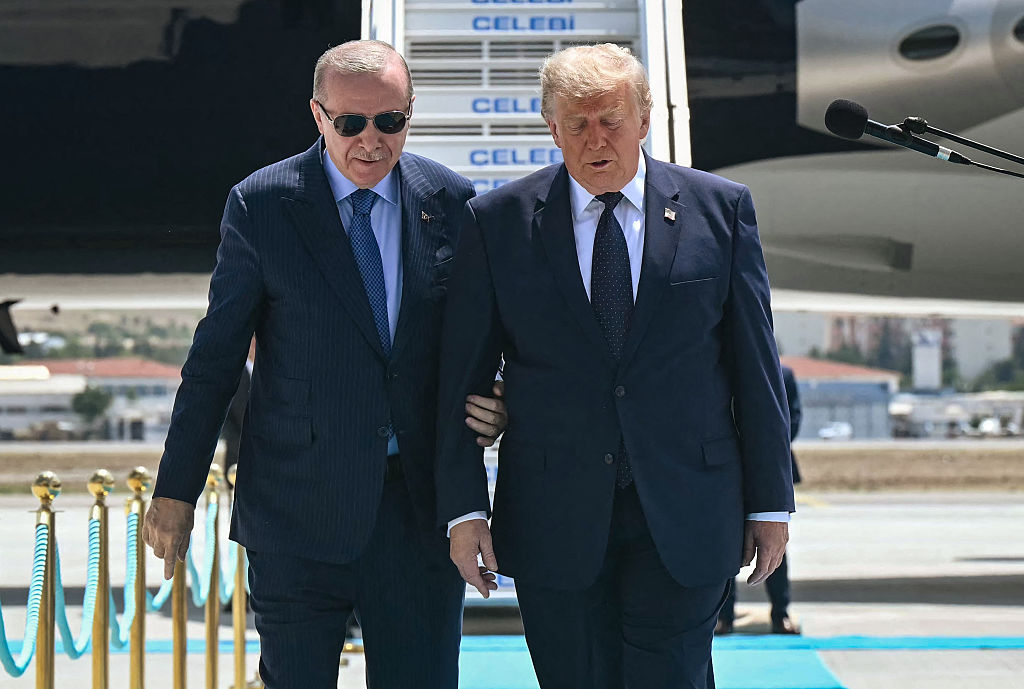 Recep Tayyip Erdogan welcomes Donald Trump upon his arrival at Etimesgut Air Base near Ankara, on July 7, 2026, before attending the 36th NATO Heads of State and Government Summit.