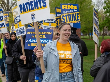 Teamster nurses "practice picket" at Corewell Health East in Dearborn, Michigan, on April 29, 2026.