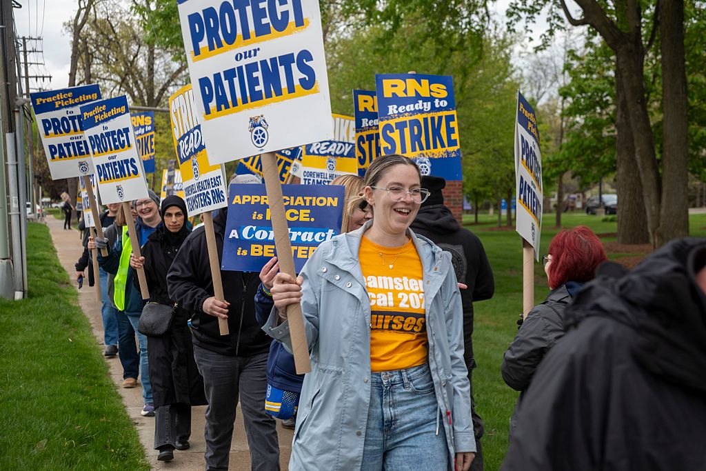 Teamster nurses "practice picket" at Corewell Health East in Dearborn, Michigan, on April 29, 2026.