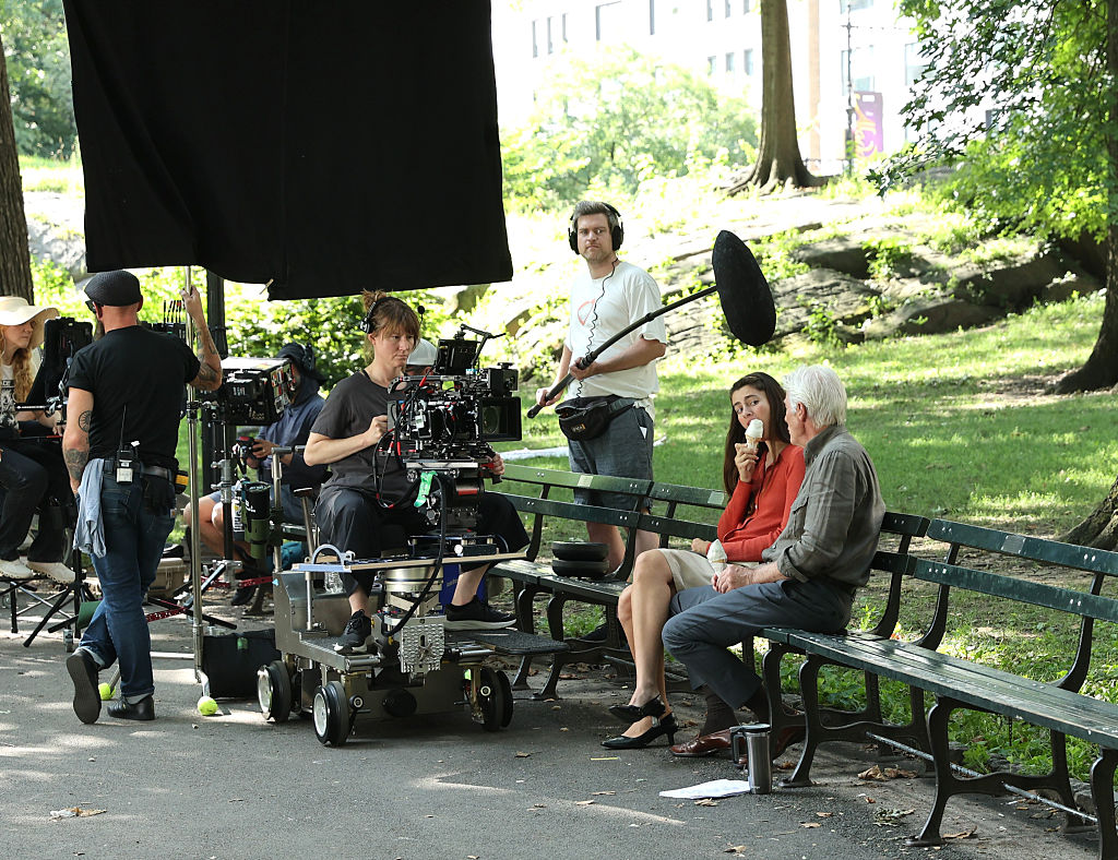Diana Silvers and Richard Gere are seen on the set of "Asymmetry" filming in Central Park, Manhattan, on August 5, 2026, in New York City.