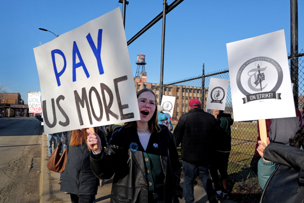Chicago Tribune staff picket outside of the Freedom Center, home of the company’s printing presses and editorial offices on February 1, 2024, in Chicago, Illinois.
