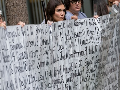 Family members and supporters hold a banner with the names of nearly 400 young people who allegedly died from the impacts of social media outside the Ronald V. Dellums Federal Building & United States Courthouse in Oakland, California, on August 18, 2026, as opening arguments begin in the Meta trial over a lawsuit brought by US states about social media addiction.