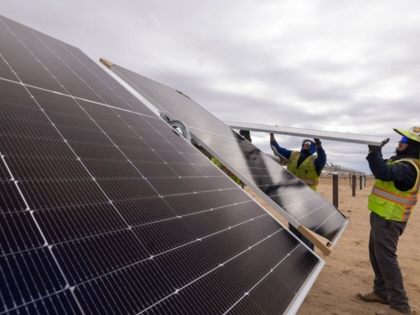 Workers install solar panels for the Los Angeles Department of Water and Power's biggest solar and battery storage plant, the Eland Solar and Storage Center in the Mojave Desert of Kern County on Monday, November 25, 2024, near California City, California.