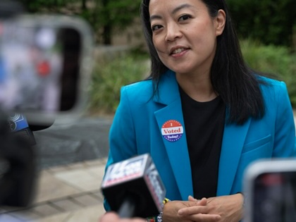 Democratic Wisconsin gubernatorial candidate Francesca Hong speaks to reporters after voting in the primary election on August 11, 2026, in Madison, Wisconsin.
