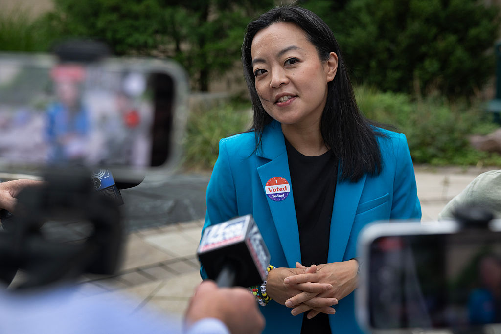 Democratic Wisconsin gubernatorial candidate Francesca Hong speaks to reporters after voting in the primary election on August 11, 2026, in Madison, Wisconsin.