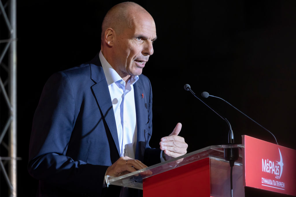 Yanis Varoufakis speaks at a preelection campaign rally in Athens before the general parliamentary elections on May 21, 2023.