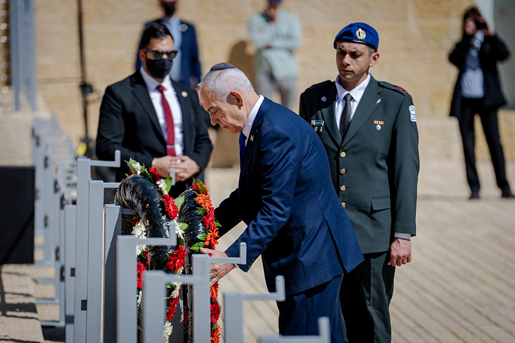 Benjamin Netanyahu attends a wreath laying ceremony in Jerusalem on April 14, 2026.