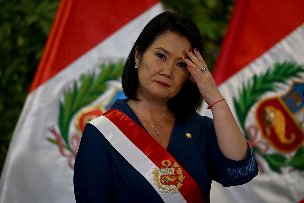 Peru's President Keiko Fujimori gestures during the swearing-in ceremony of the new cabinet at the Government Palace in Lima on July 28, 2026, following her inauguration ceremony.