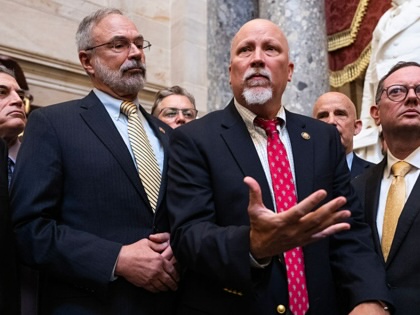 Rep. Chip Roy, R-Texas and members of the House Freedom Caucus conduct a news conference to say they will not support the DHS funding bill in the U.S. Capitol Statuary Hall on Friday, March 27, 2026.