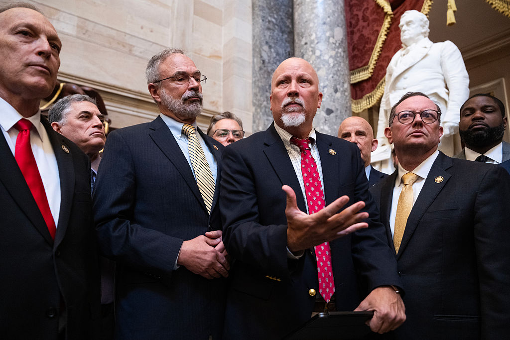 Rep. Chip Roy, R-Texas and members of the House Freedom Caucus conduct a news conference to say they will not support the DHS funding bill in the U.S. Capitol Statuary Hall on Friday, March 27, 2026.