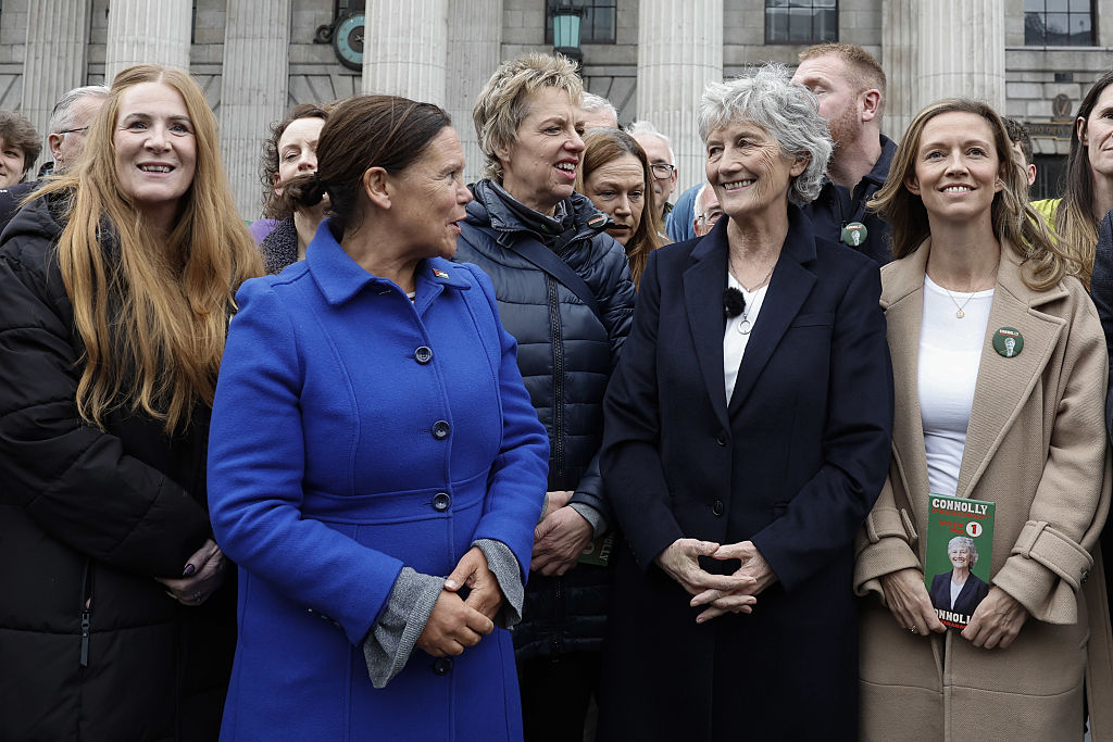 Irish presidential independent candidate Catherine Connolly on the campaign trail in O’Connell Street, Dublin, with supporting politicians from other political parties, including Councillor Janice Boylan, Mary Lou McDonald TD, President of Sinn Fein, Ivana Bacik TD, leader of the Labour Party and Holly Cairns TD, leader of the Social Democrats, on October 5, 2025.