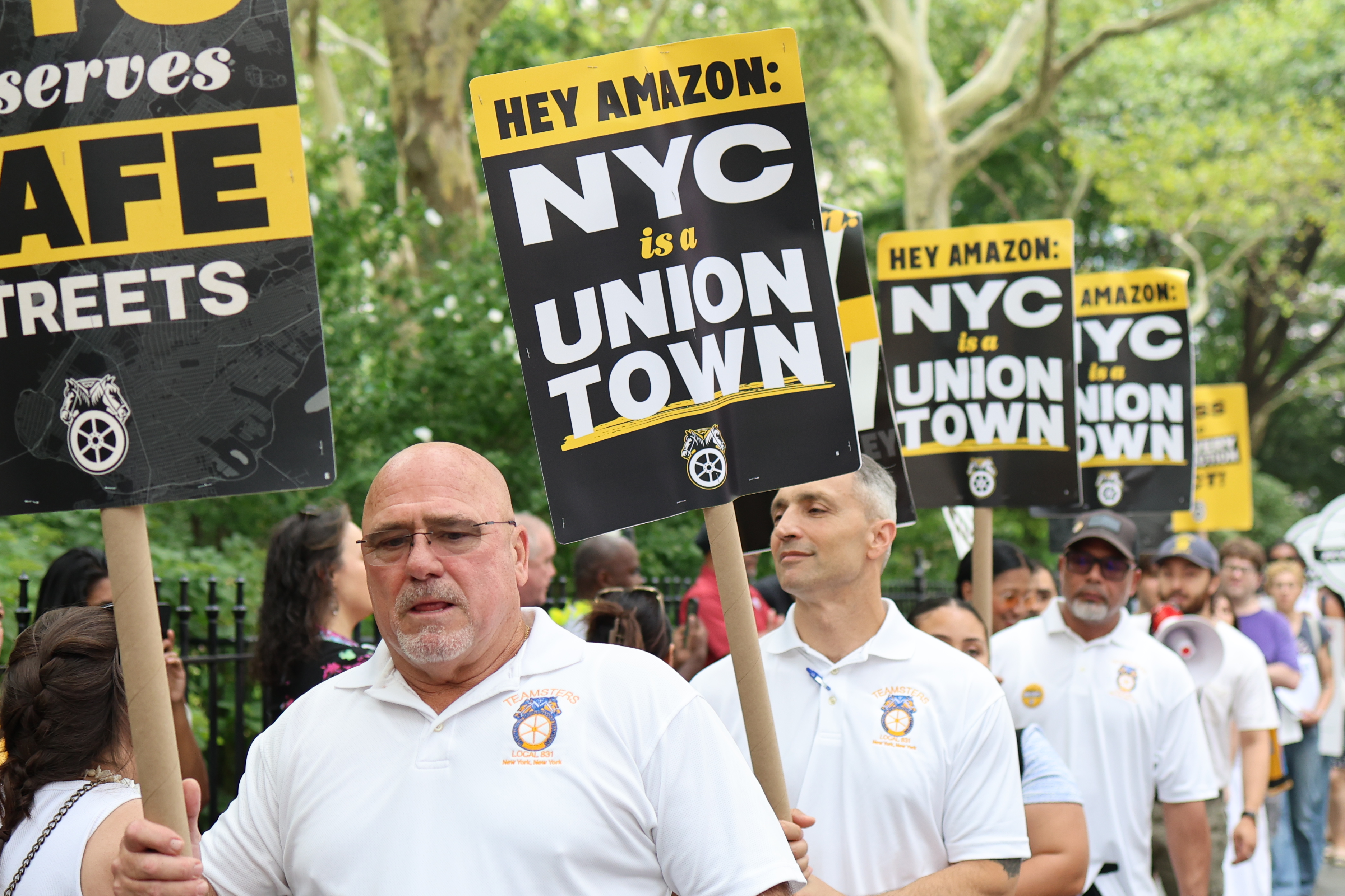 Teamsters rally at New York City Hall in support of the Delivery Protection Act.
