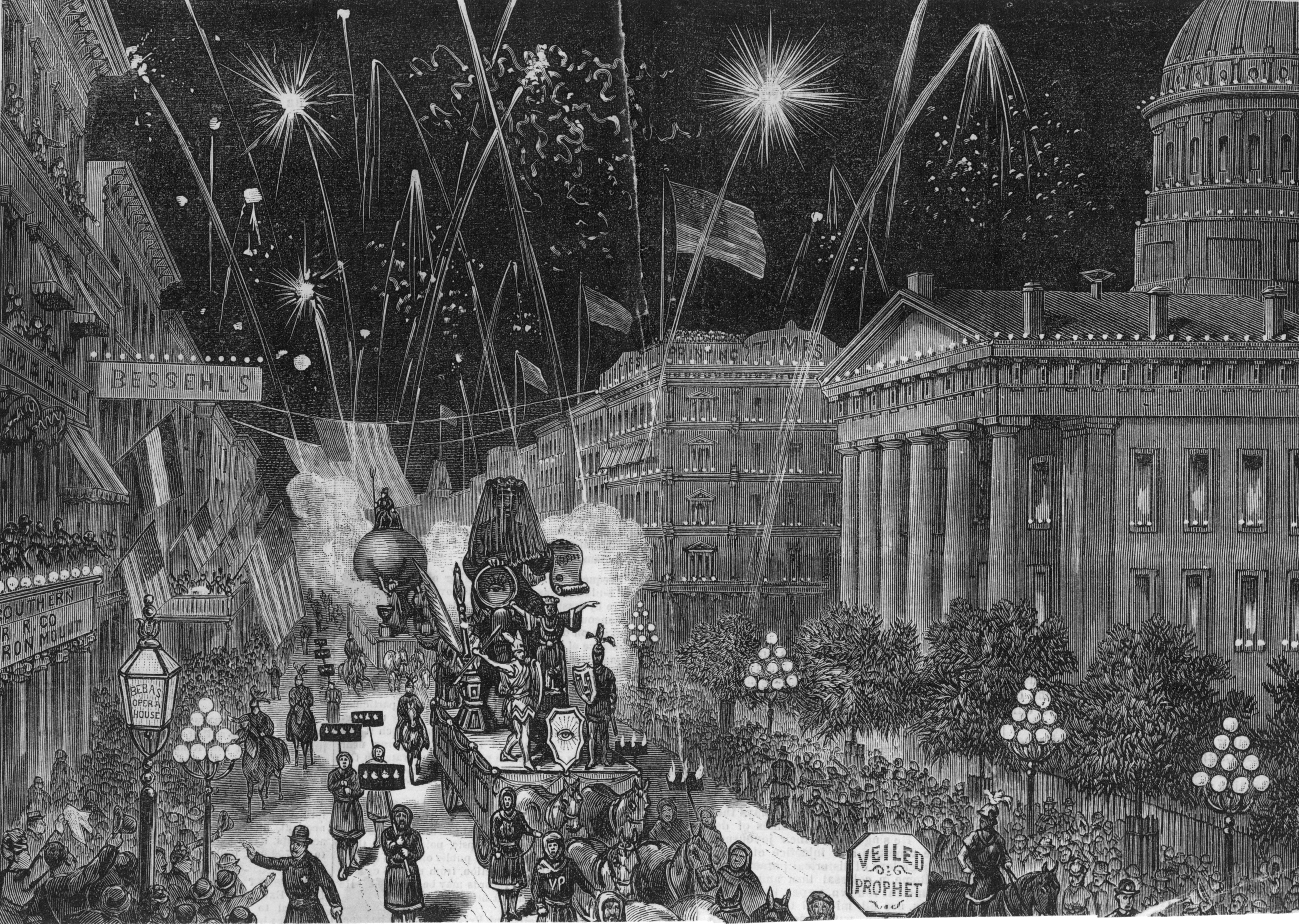 An illustration of the 1878 Veiled Prophet parade in St Louis. 