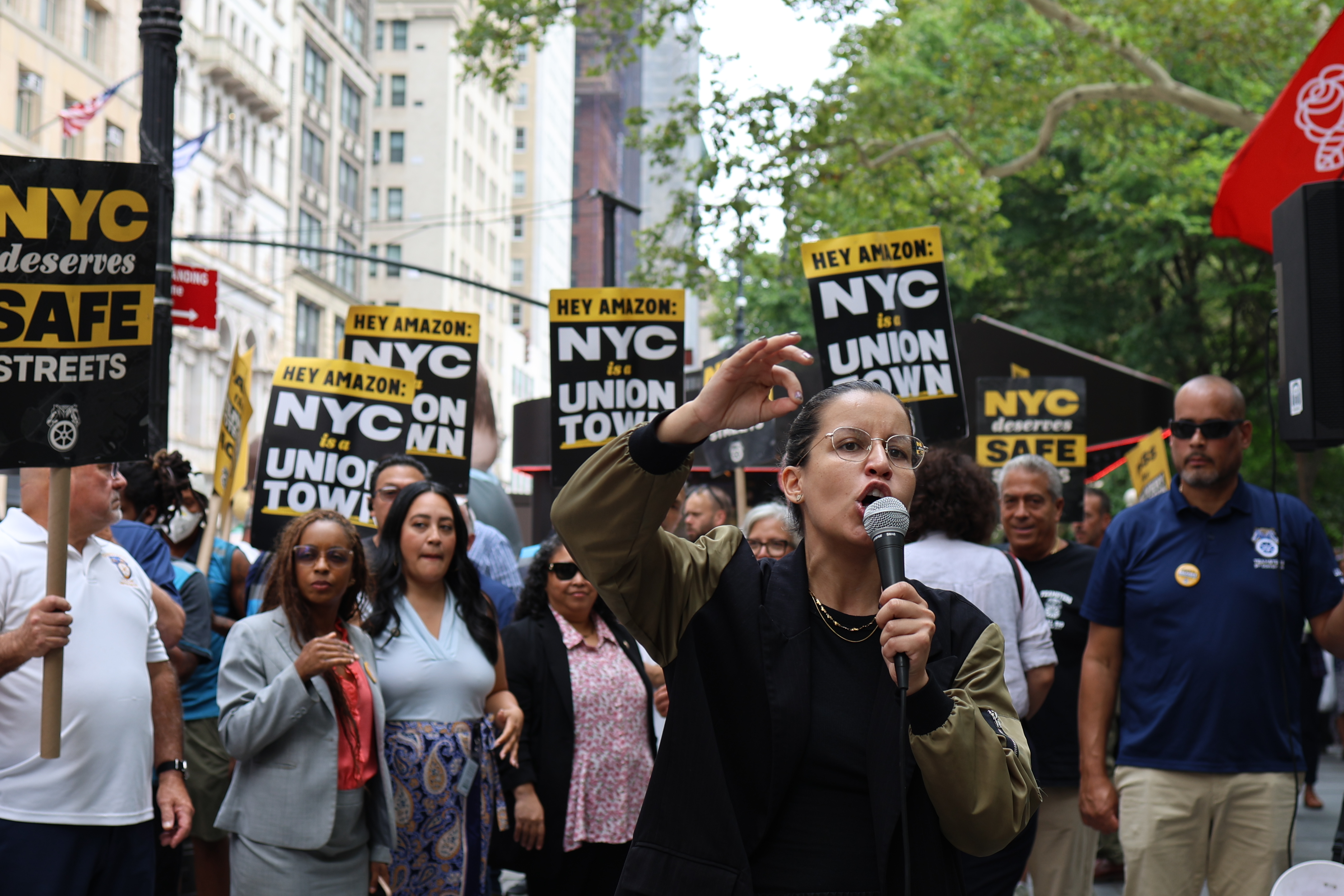 New York City Council Member Tiffany Cabán speaks at a rally outside of New York City Hall.