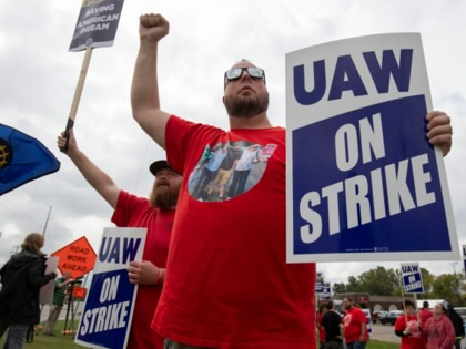 United Auto Workers members strike the General Motors Lansing Delta Assembly Plant on September 29, 2023, in Lansing, Michigan.