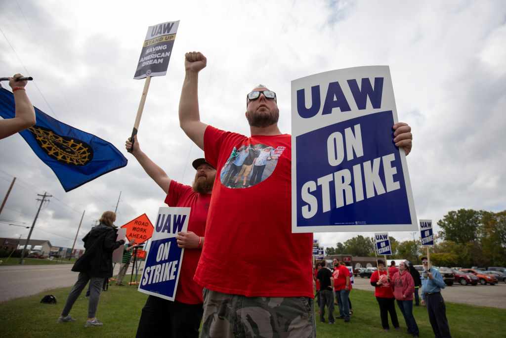 United Auto Workers members strike the General Motors Lansing Delta Assembly Plant on September 29, 2023, in Lansing, Michigan.