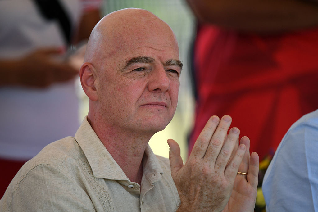 FIFA President Gianni Infantino applauds during a visit to a sports complex in Cali, Colombia, on August 7, 2026.
