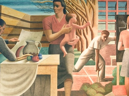 Seymour Fogel, WPA mural from the Cohen Building (formerly housing the Social Security Board Building) in Washington, D.C., 1942. Fogel's murals were painted to express the meaning of Social Security. Shows an idealized American family and its healthy lifestyle, including a mother caring for an infant, a father reading the news, a daughter learning geometry, and a son playing tennis.