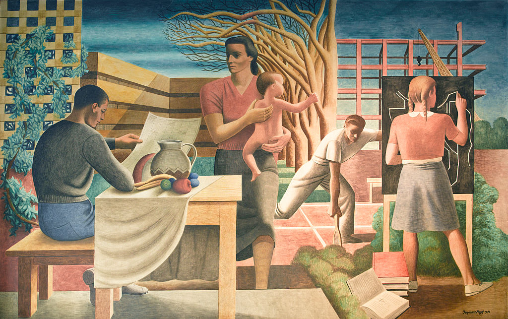 Seymour Fogel, WPA mural from the Cohen Building (formerly housing the Social Security Board Building) in Washington, D.C., 1942. Fogel's murals were painted to express the meaning of Social Security. Shows an idealized American family and its healthy lifestyle, including a mother caring for an infant, a father reading the news, a daughter learning geometry, and a son playing tennis.