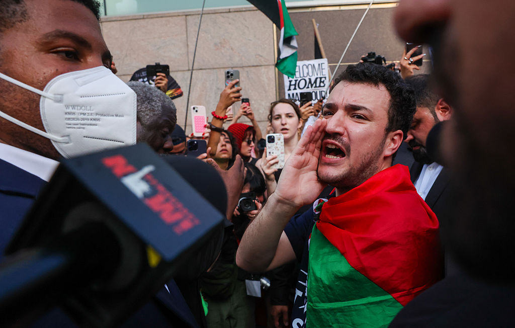 Palestinian activist Mahmoud Khalil marches with supporters after he was released from ICE detention during a rally outside of the Cathedral of St. John the Divine in Manhattan on June 22, 2025, in New York City.