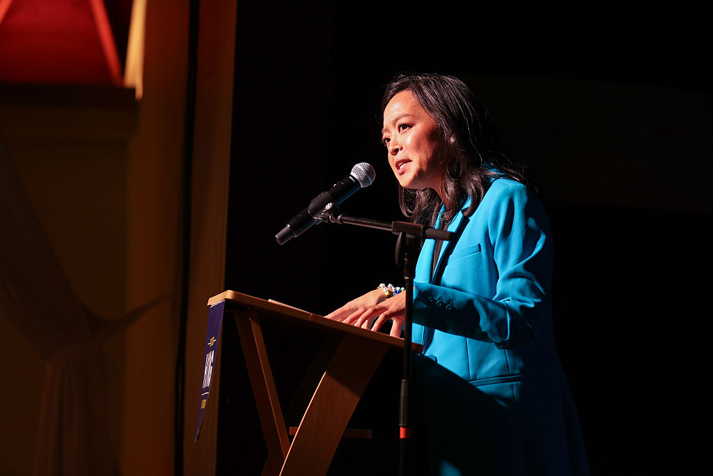Francesca Hong speaks during a primary election night watch party in Madison, Wisconsin, on August 11, 2026.