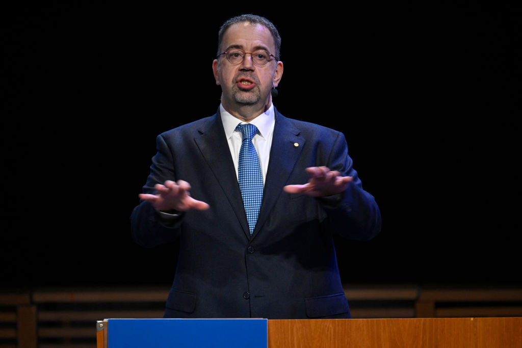 Economist Daron Acemoglu gives his Nobel Prize lecture in Aula Magna, Stockholm University, Sweden, on December 8, 2024.