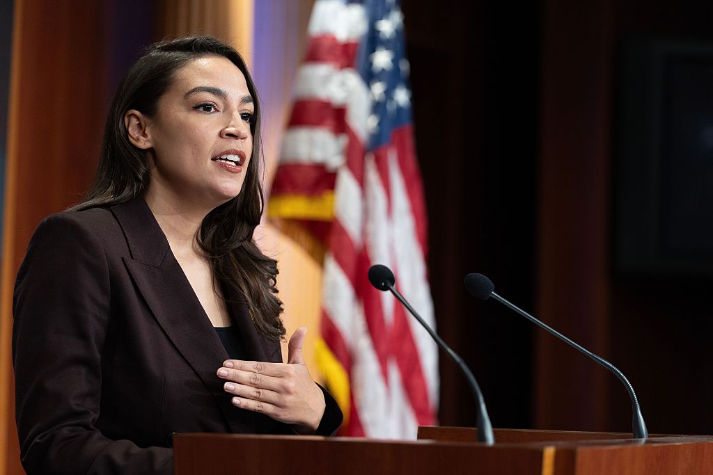 Alexandria Ocasio-Cortez speaks at a press conference to announce the Artificial Intelligence Data Center Moratorium Act at the US Capitol on March 25, 2026, in Washington, DC. 