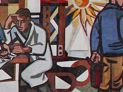 A photograph of part of the mosaic Unser Leben (1964) by Walter Womacka, at Alexanderstraße 9, Berlin-Mitte, Germany. 