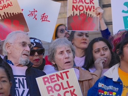 New Yorkers gather outside LaGuardia Community College in Long Island City,, Queens, on May 7, 2026, to demand a rent freeze.