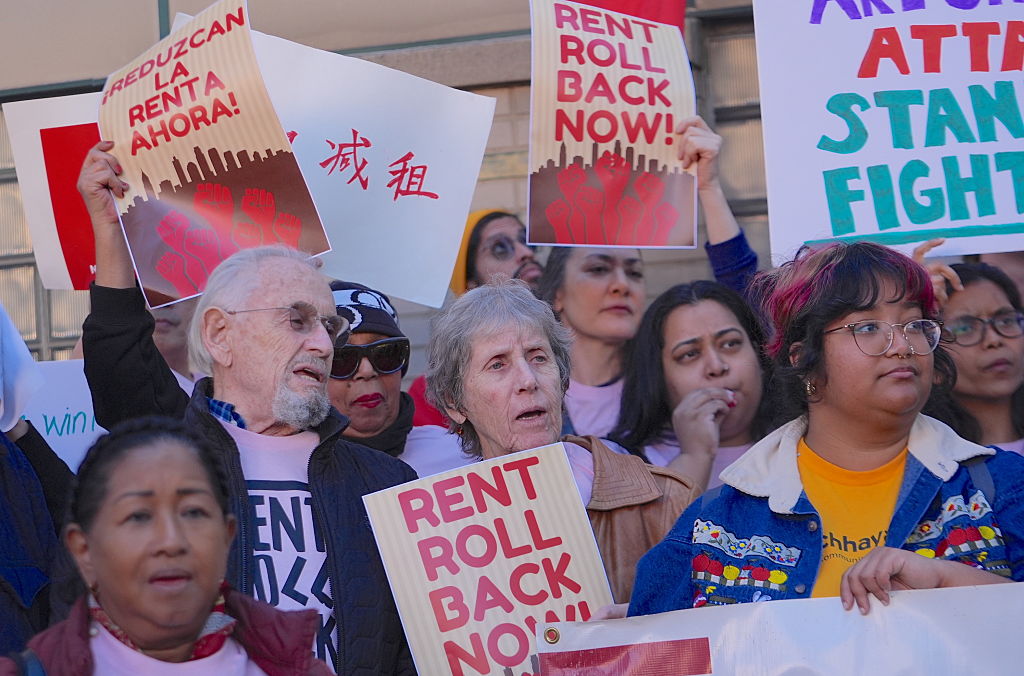 New Yorkers gather outside LaGuardia Community College in Long Island City,, Queens, on May 7, 2026, to demand a rent freeze.